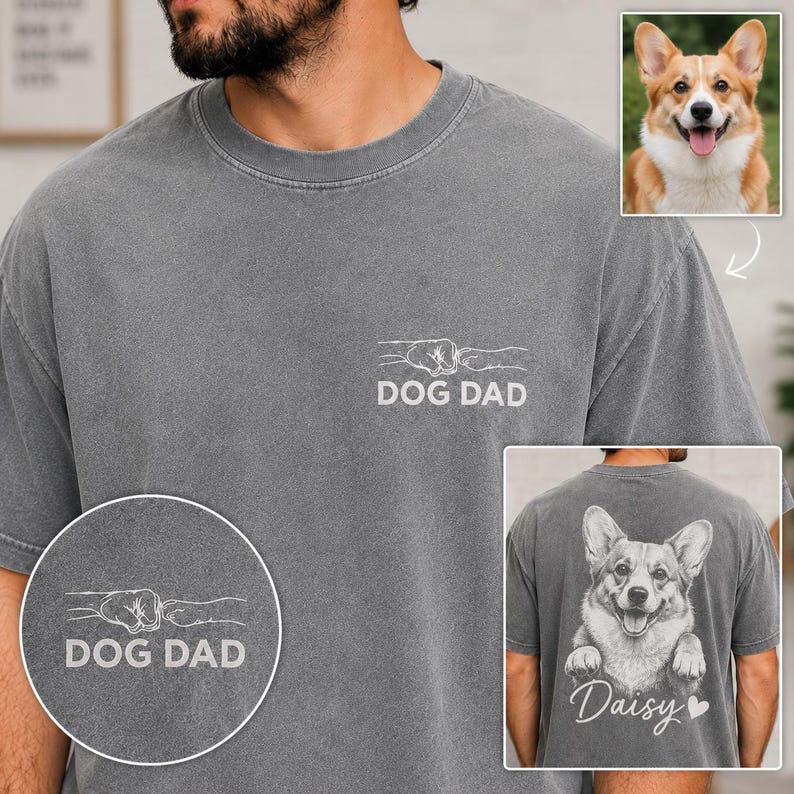 Personalized Dog Dad Vintage Wash T-Shirt, Custom Pet Portrait Shirt, Dog Dad Gift