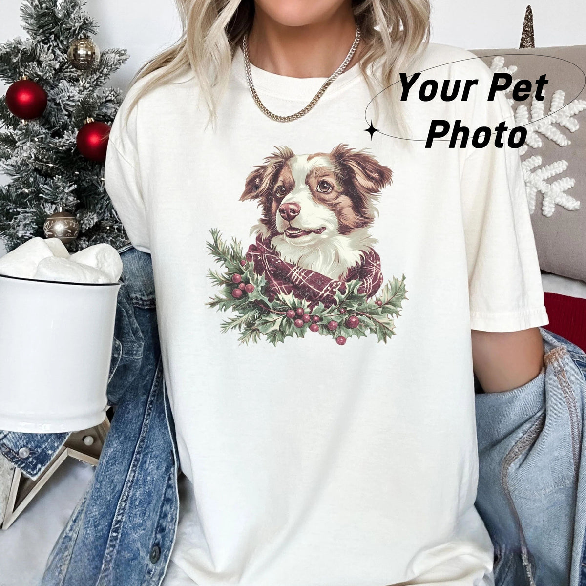 Vintage Custom Christmas Dog Graphic Crewneck T-Shirt with Berry Mistletoe Scarf