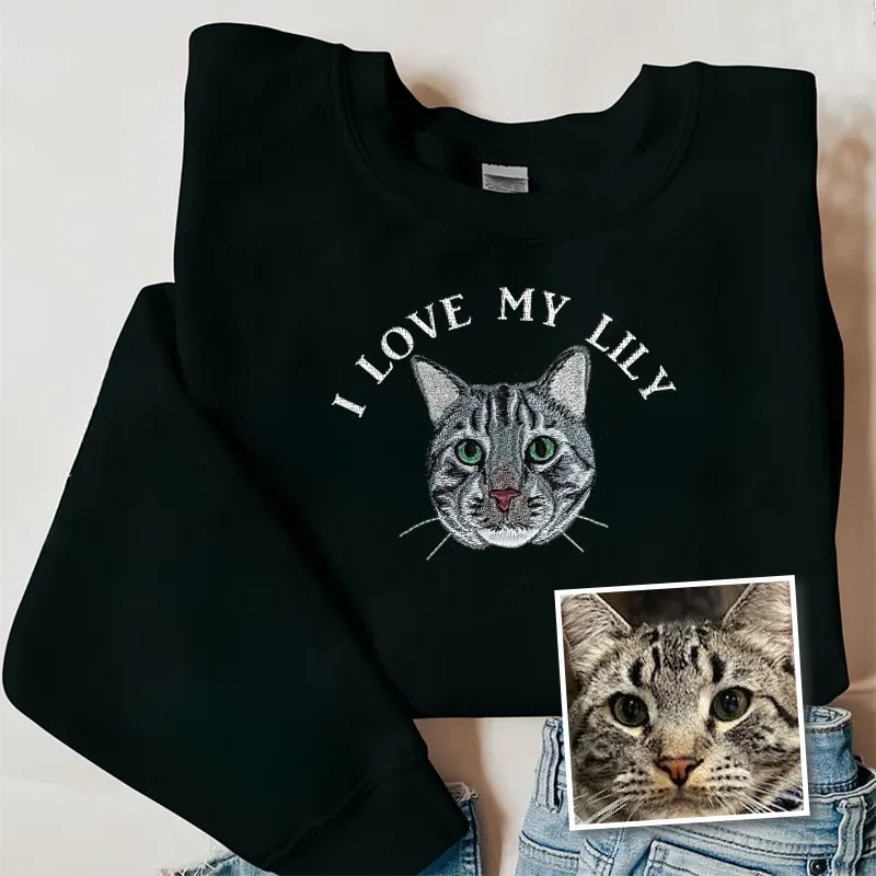I Love My Cat Custom Pet Portrait Embroidered Crewneck T-shirt Hoodie- Varsity Colorful Design