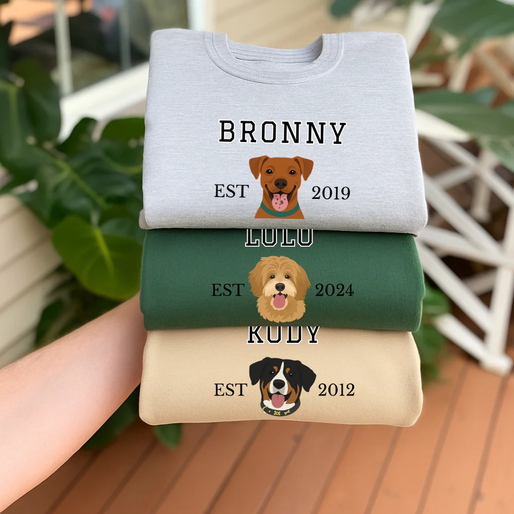 Custom Illustrated Pet Photo & Name Printed Sweatshirt, Hoodie & T-Shirt