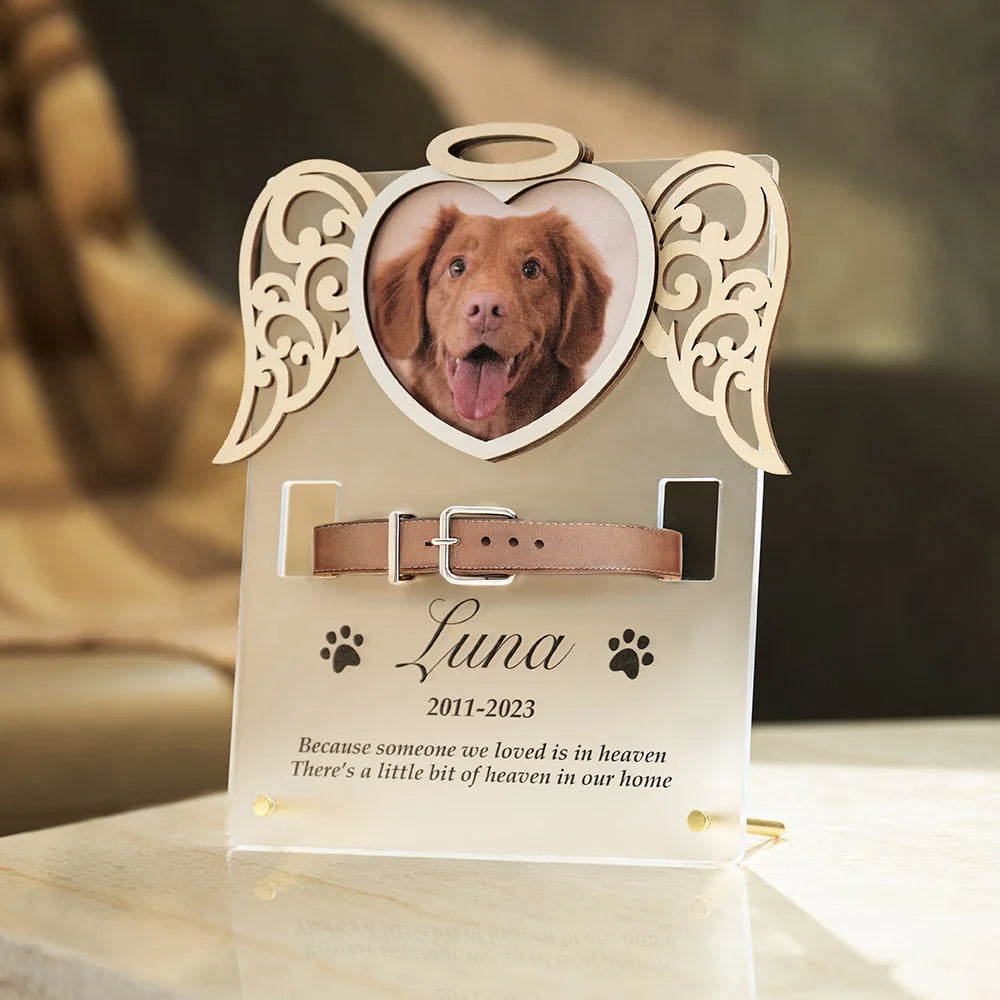 Memorial Pet Plaque - Personalized Cat & Dog Photo Acrylic Keepsake with Angel Wings, Heart & Collar Frame