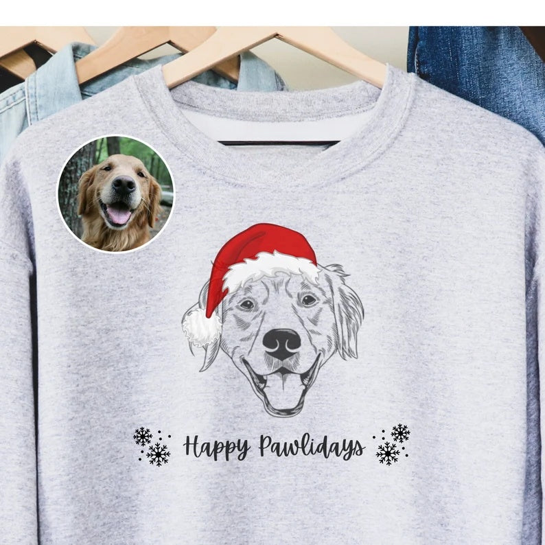 Custom Pet Face Hand-Drawn Sweatshirt with Santa Hat Design, Personalized Pet Christmas Sweatshirt