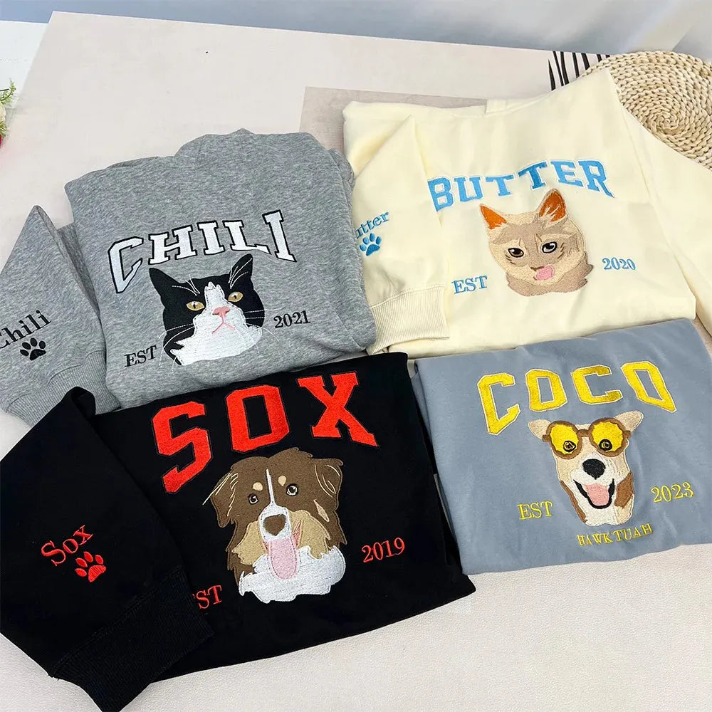 Custom Pet Portrait Embroidered Sweatshirt Hoodie, Varsity Full-color Style