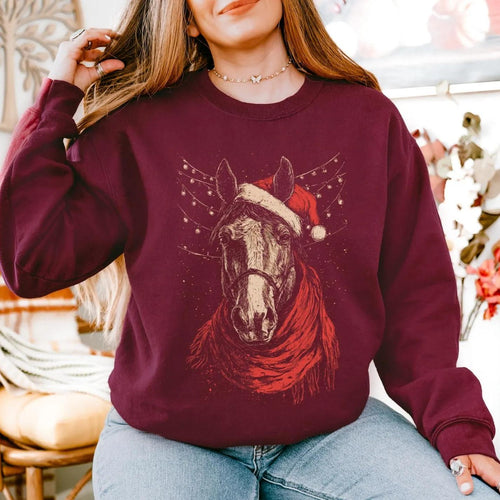 Christmas Horse Sweatshirt, Custom Horse with Santa Hat Graphic Crewneck