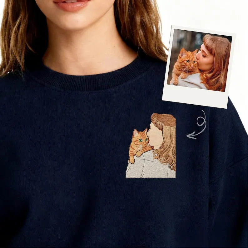 Custom Embroidered Pet and Owner Portrait Sweatshirt, Personalized Dog/Cat Dad Mom Gift