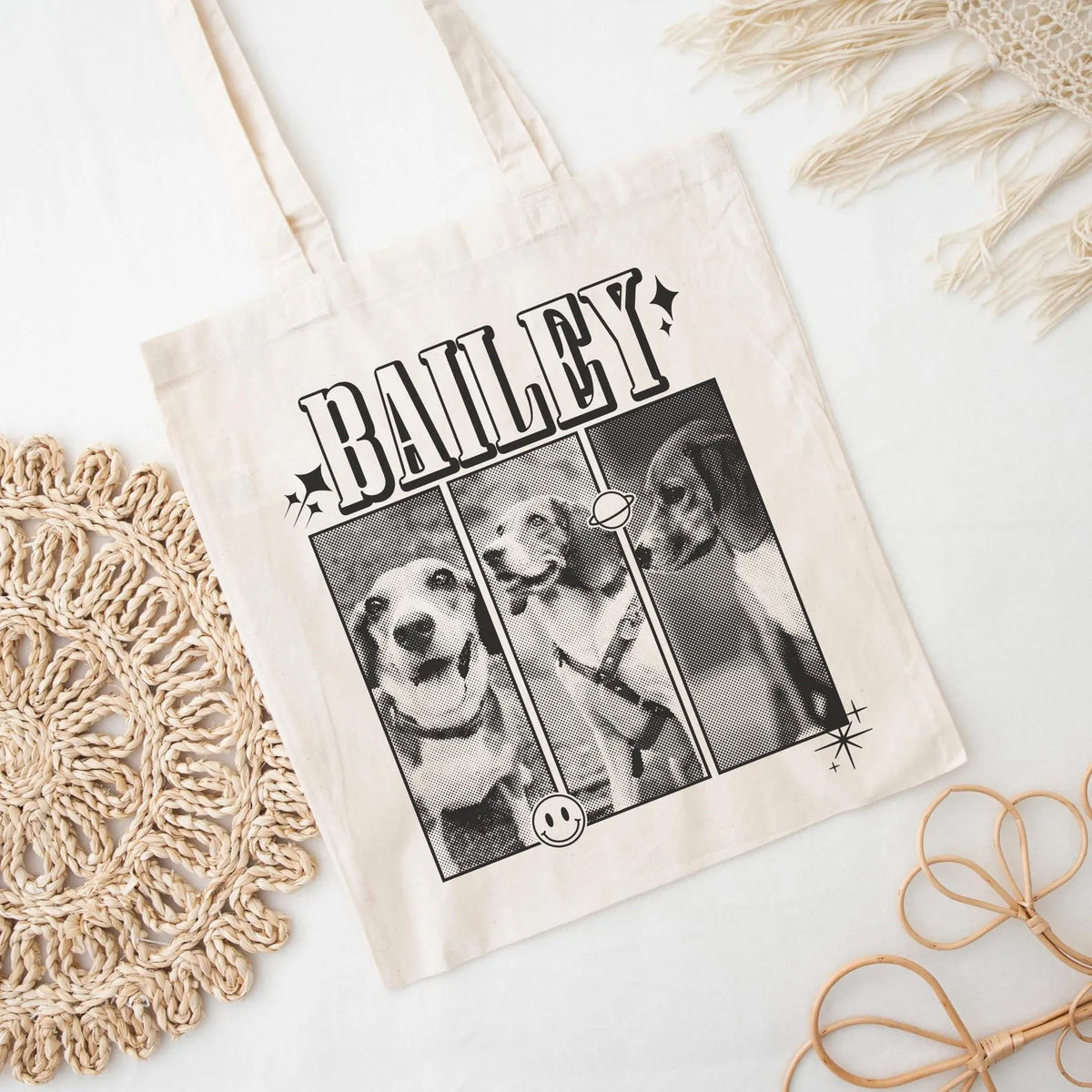Y2K Vintage Custom Pet Portrait Tote Bag - Personalized Photo & Name Tote for Travel & Shopping