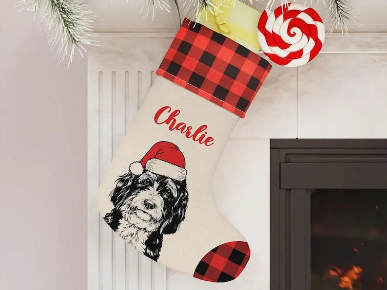 Custom Pet Santa Hat Christmas Stocking, - Personalized Dog Stockings