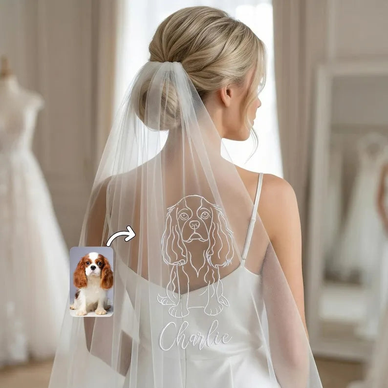 Personalized Pet Embroidered Bridal Veil, Custom Dog Portrait Wedding Veil