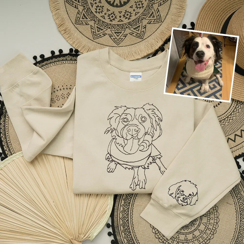 Custom Embroidered Pet Photo On Sleeve And Center Chest Sweatshirt Hoodie T-shirt- Stylish Outline Style