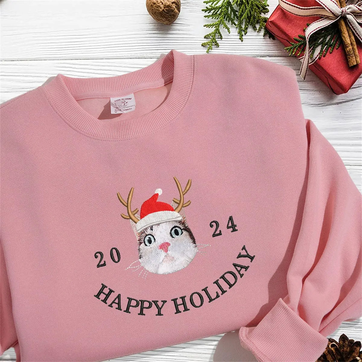 Happy Holiday Custom Pet Photo And Year Embroidered Sweatshirt Hoodie T-shirt- Colorful Design