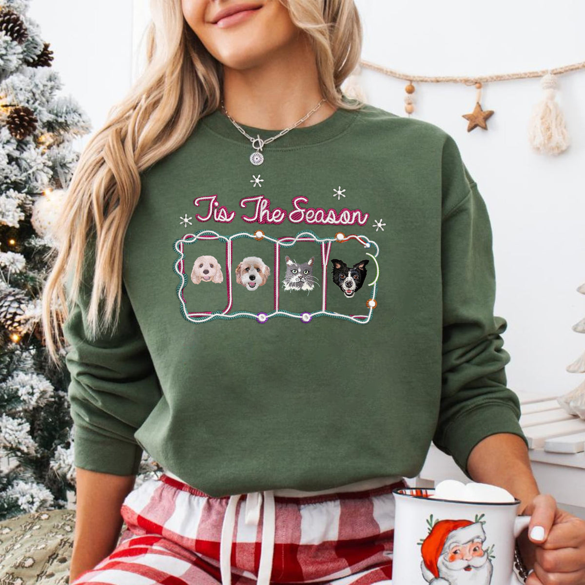 PetFiestas® Tis The Season Christmas Custom Pet Embroidered Sweatshirt Hoodie T-shirt- Colorful Design