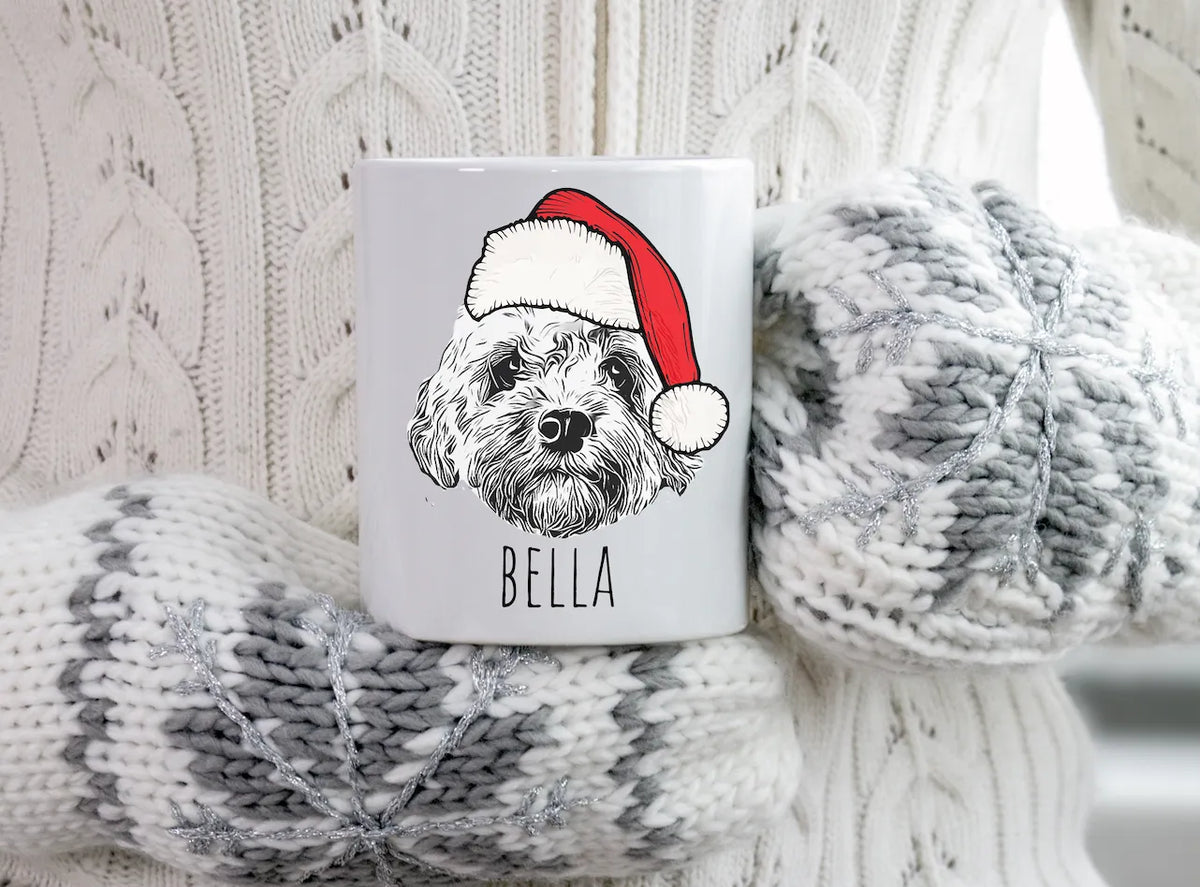 Custom Pet Mug with Santa Hat, Black & White, 2 Sides Printed