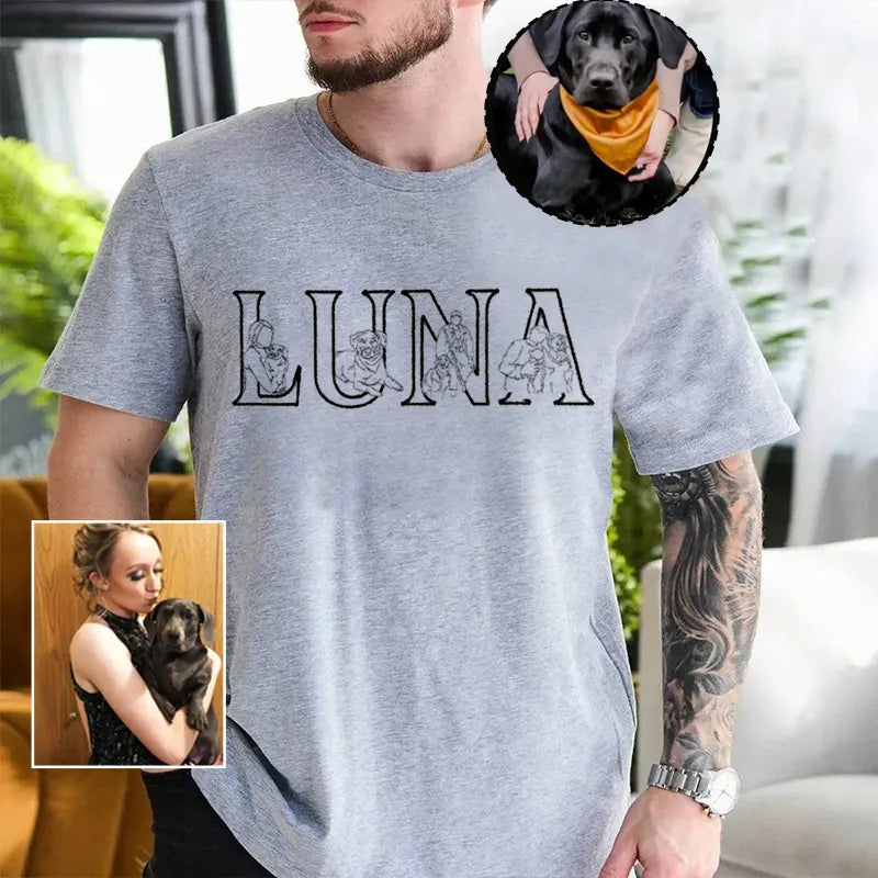 Custom Pet Name and Photo Outline Embroidered T-Shirt Sweatshirt Hoodie- Stylish Outline Style