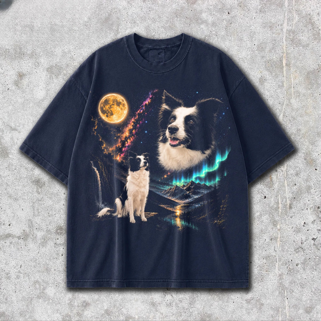 Custom Pet Howling to the Moon Tee — Aurora Night Sky Design