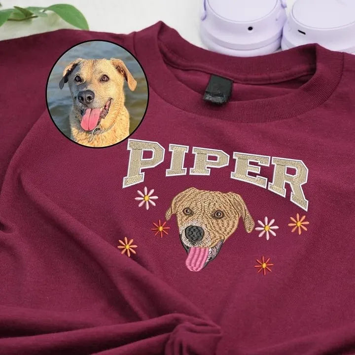 Custom Pet Photo Embroidery with Pet Name T-shirt Sweatshirt Hoodie with Floral Design- Colorful Design