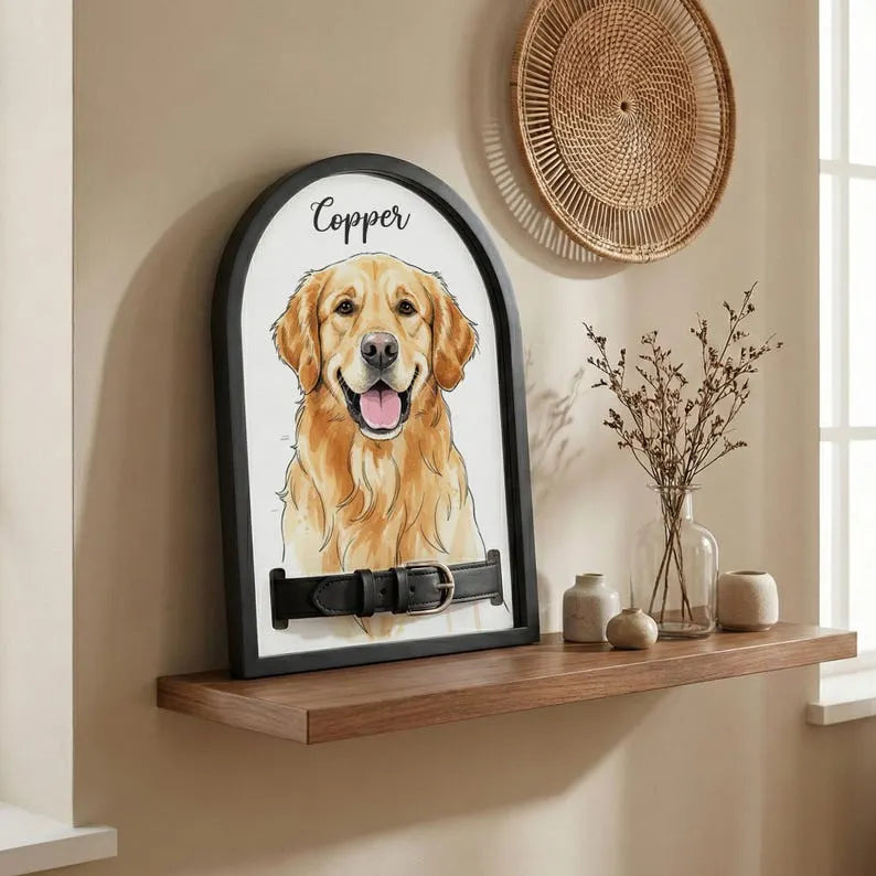Custom Pet Collar Holder Using Pet Photo, Dog Memorial Wood Frame With Collar Holder