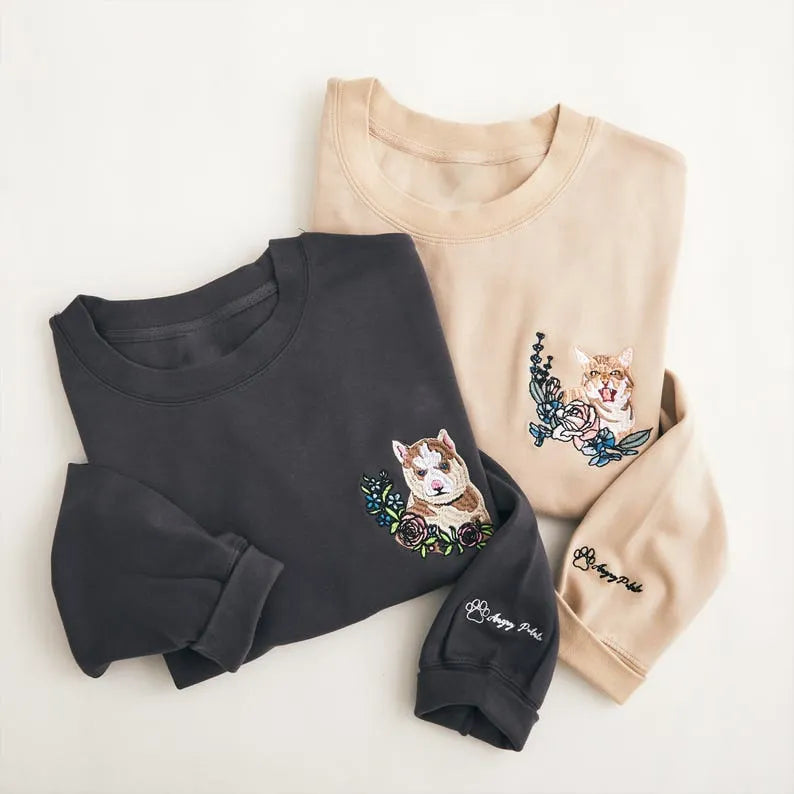 Custom Embroidered Pet Sweatshirt with Flowers - Personalized Dog Cat Portrait Crewneck Hoodie- Colorful Design