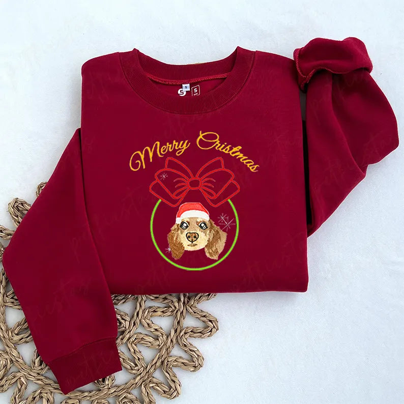 PetFiestas® Embroidery Sparkle Christmas Ball Custom Pet Face Embroidered Sweatshirt Hoodie T-shirt- Colorful Design