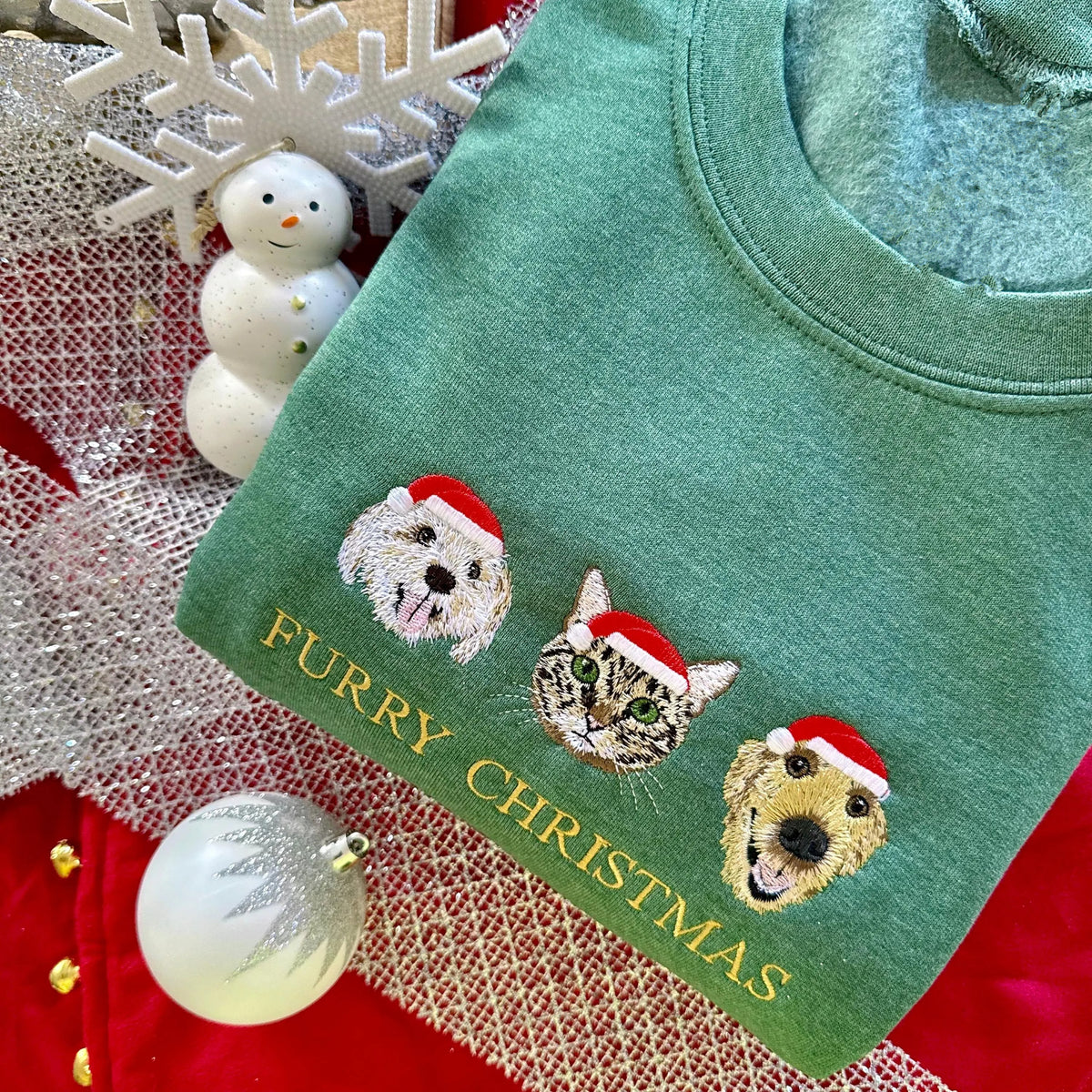Custom Dog Cat Portrait Embroidered Christmas Sweatshirt Hoodie T-shirt- Colorful Design