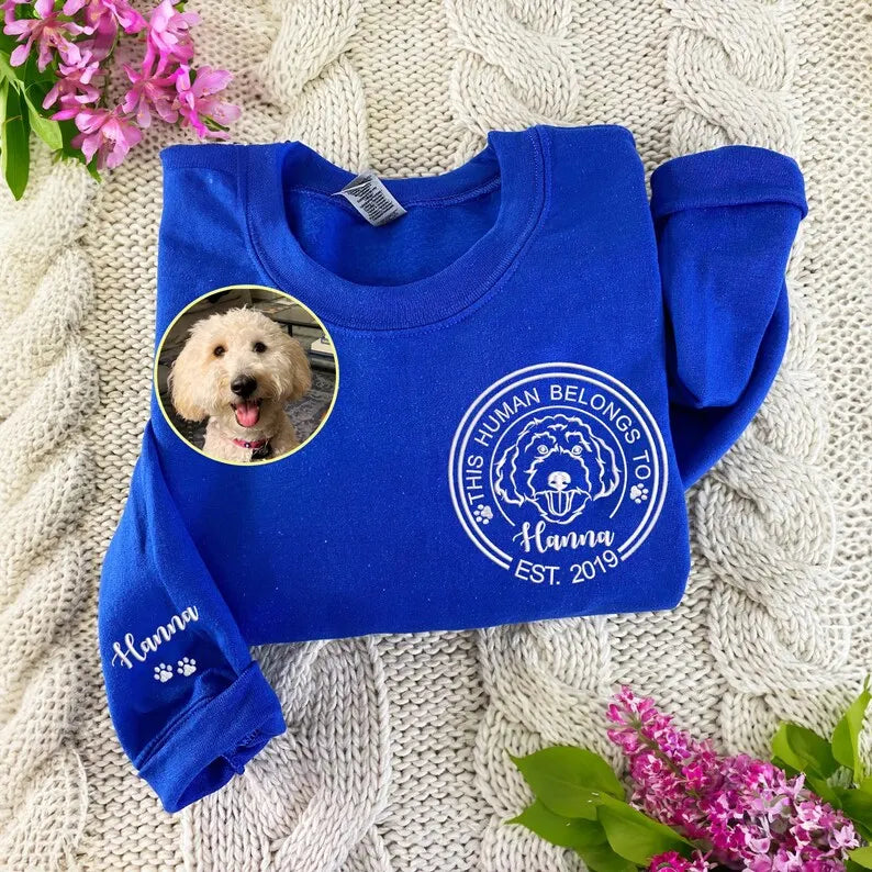 Embroidered This Human Belongs To Sweatshirt, Custom Portrait Pet From Photo Hoodie- Stylish Outline Style