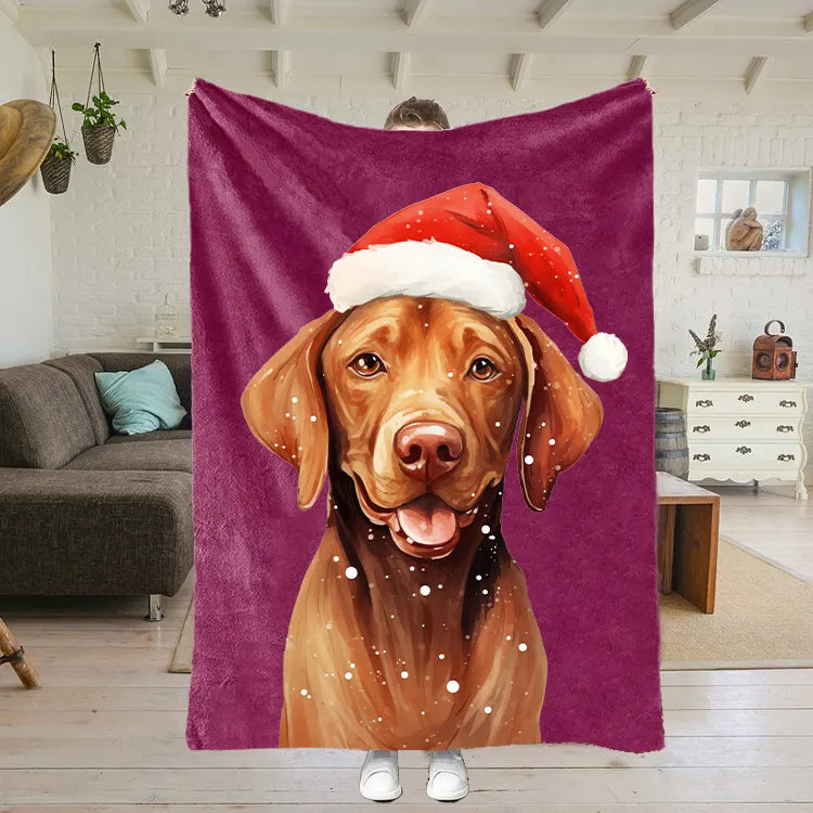 PetFiestas® Custom Christmas Pet Portrait Blanket with Santa Hat & Snowflakes – Personalized Dog Blanket Gift