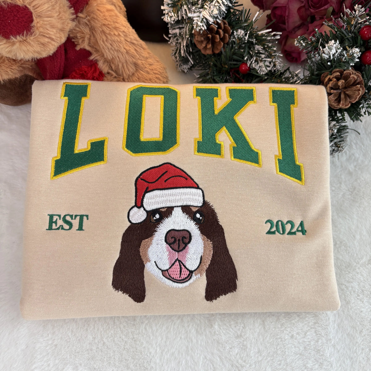 PetFiestas® Varsity Style Embroidered Pet Christmas Sweatshirt - Dog Face with Santa Hat Crewneck- Varsity Colorful Desi