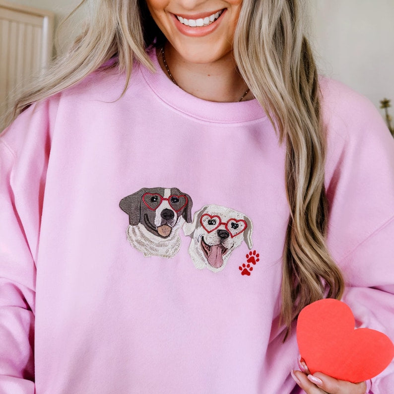 Custom Pet Portrait & Heart Shape Glasses Embroidered Sweatshirt, Hoodie, T-shirt, Valentine's Day Gift- Colorful Design