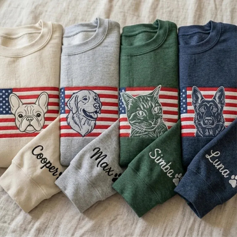 Custom Pet Line Art Embroidered Sweatshirt with American Flag, Patriotic Pet Sweathirt