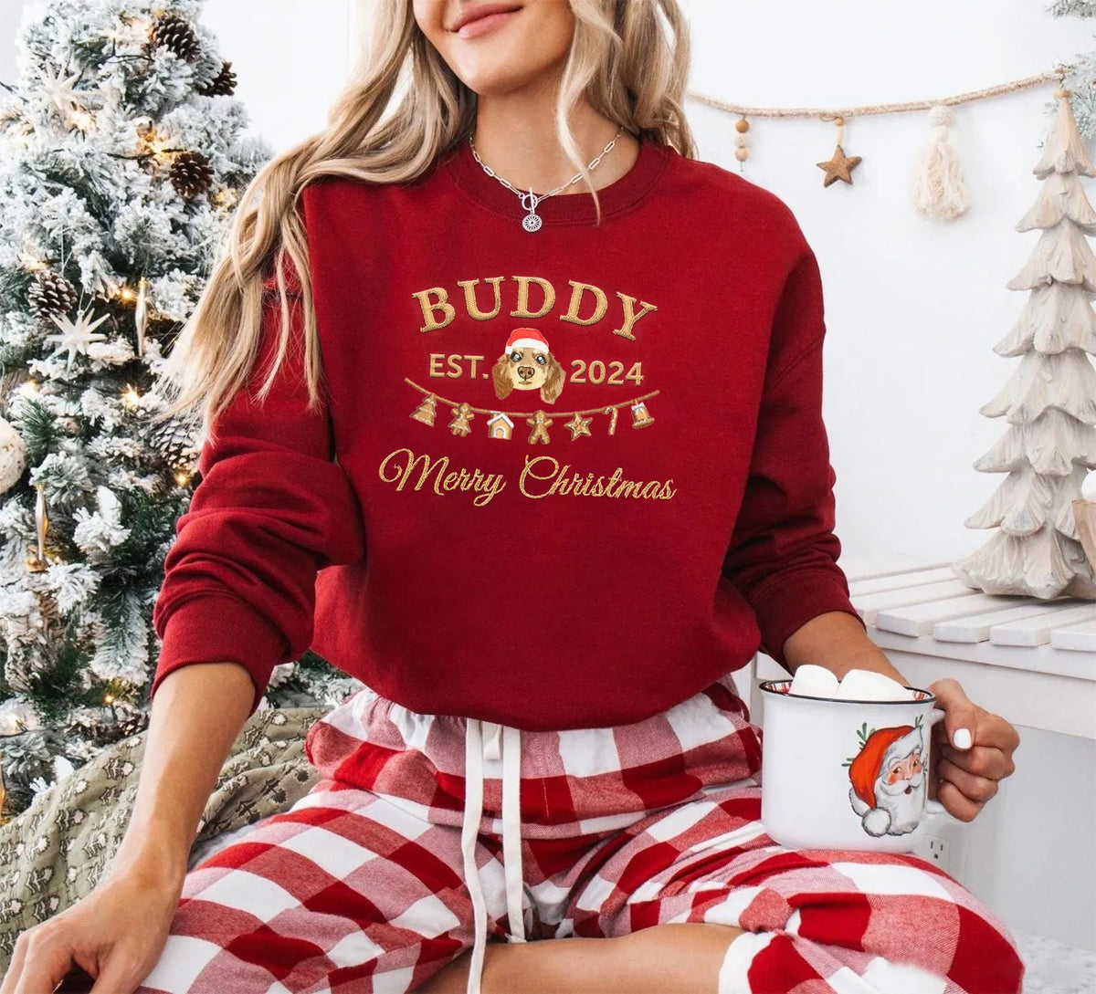 PetFiestas® Gingerbread Embroidery Custom Pet Embroidered Christmas Sweatshirt Hoodie T-shirt- Varsity Colorful Design