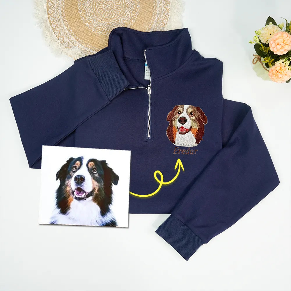 Personalized Pet Portrait Embroidered Quarter-Zip Sweatshirt- Colorful Design