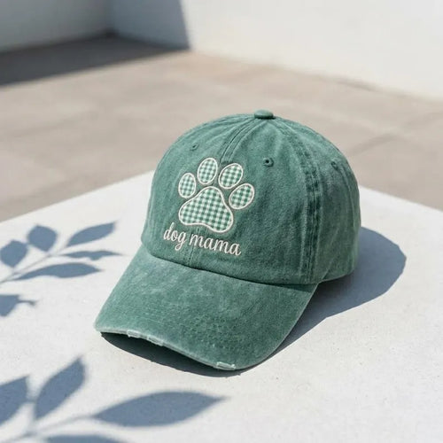 Dog Mama Embroidered Baseball Cap with Vintage Gingham Paw Print Design