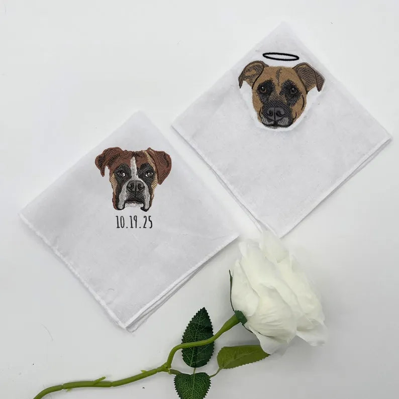 Custom Embroidered Pet Photo Pocket Square, Custom Cotton Handkerchief, Men's Wedding Gift 