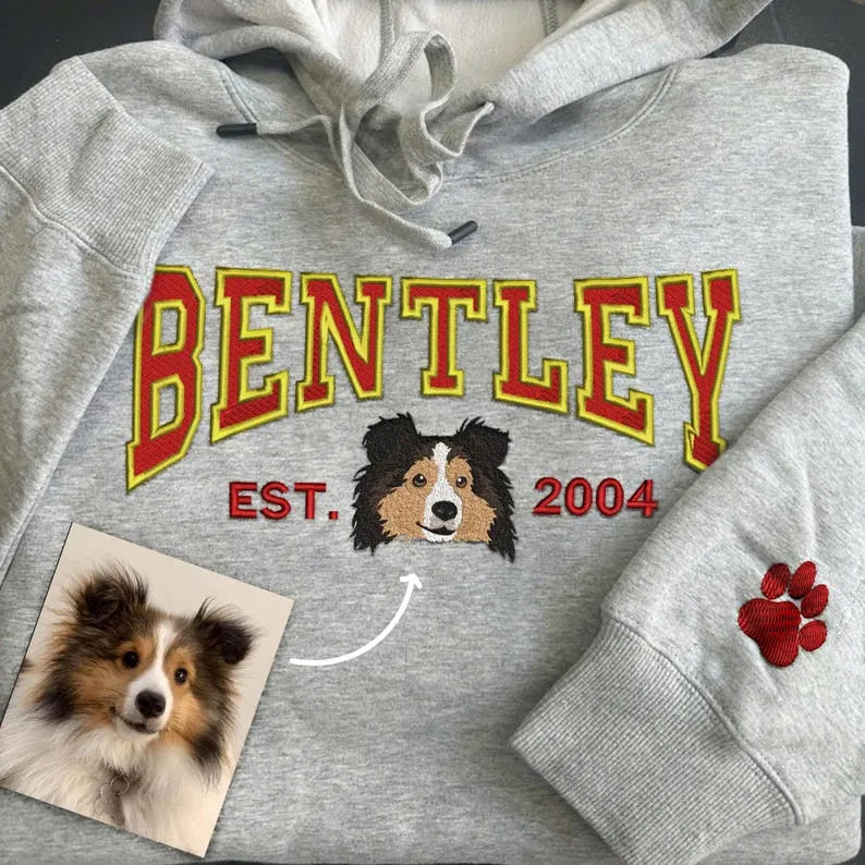 Custom Embroidered Pet Hoodie Using Pet Photo+ Name Varsity Style Sweatshirt Tee- Varsity Colorful Design