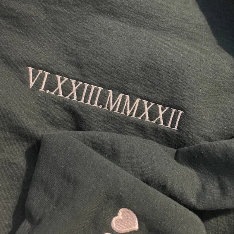 Custom Embroidered Roman Numeral Date Couple's Sweatshirt