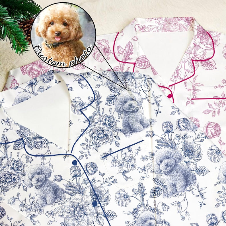 Custom Pet Portrait Chinoiserie Pajamas Set, Personalized Dog Face Pajama, Pet Lover Gift