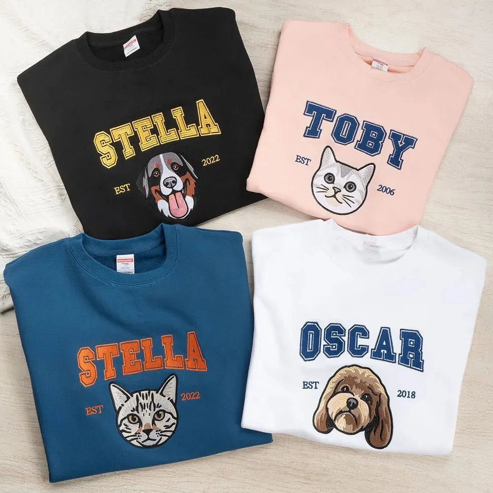 Custom Embroidery Dog Cat Pet Portrait T-shirt Sweatshirt Hoodie with Name and Year