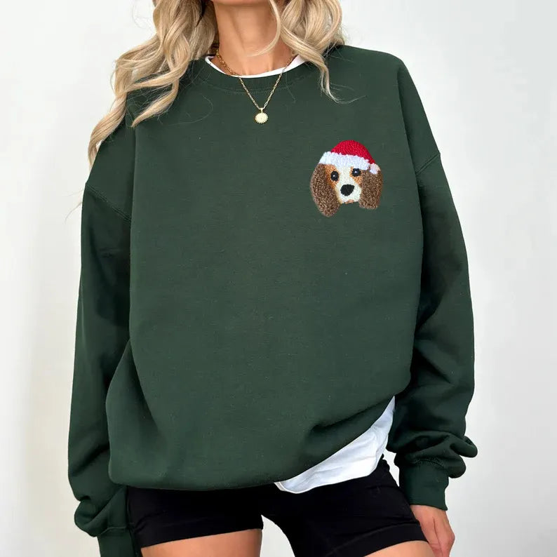 PetFiestas® Custom Christmas Pet Portrait Embroidered Tufted Embroidery Sweatshirt Hoodie T-shirt Christmas Gift- Colorf