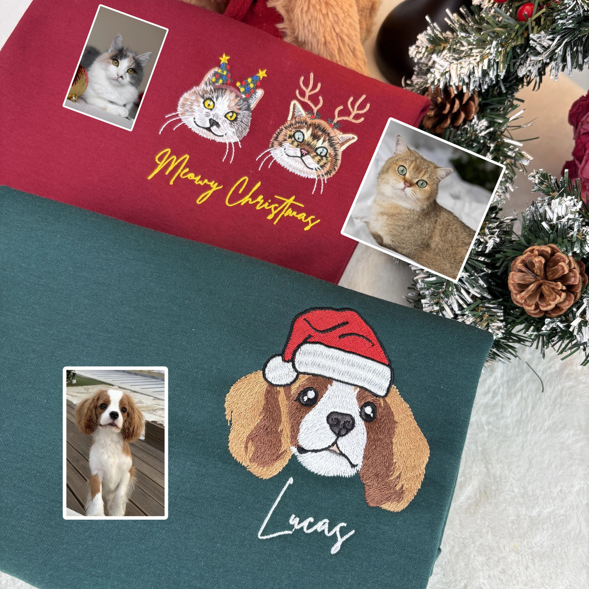 PetFiestas® Custom Christmas Pet Sweatshirt Jumper – Dog or Cat Face Embroidered Sweatshirt- Colorful Design