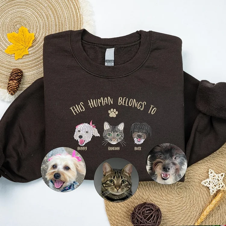 This Human Belongs to Dog Portrait Embroidered Hoodie or Sweatshirt T-shirt- Varsity Colorful Design