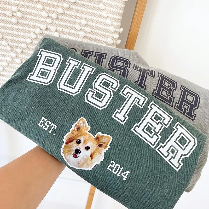 Custom Dog Sweater Using Pet Photo And Name, Varsity Dog Tee Sweatshirt Hoodie