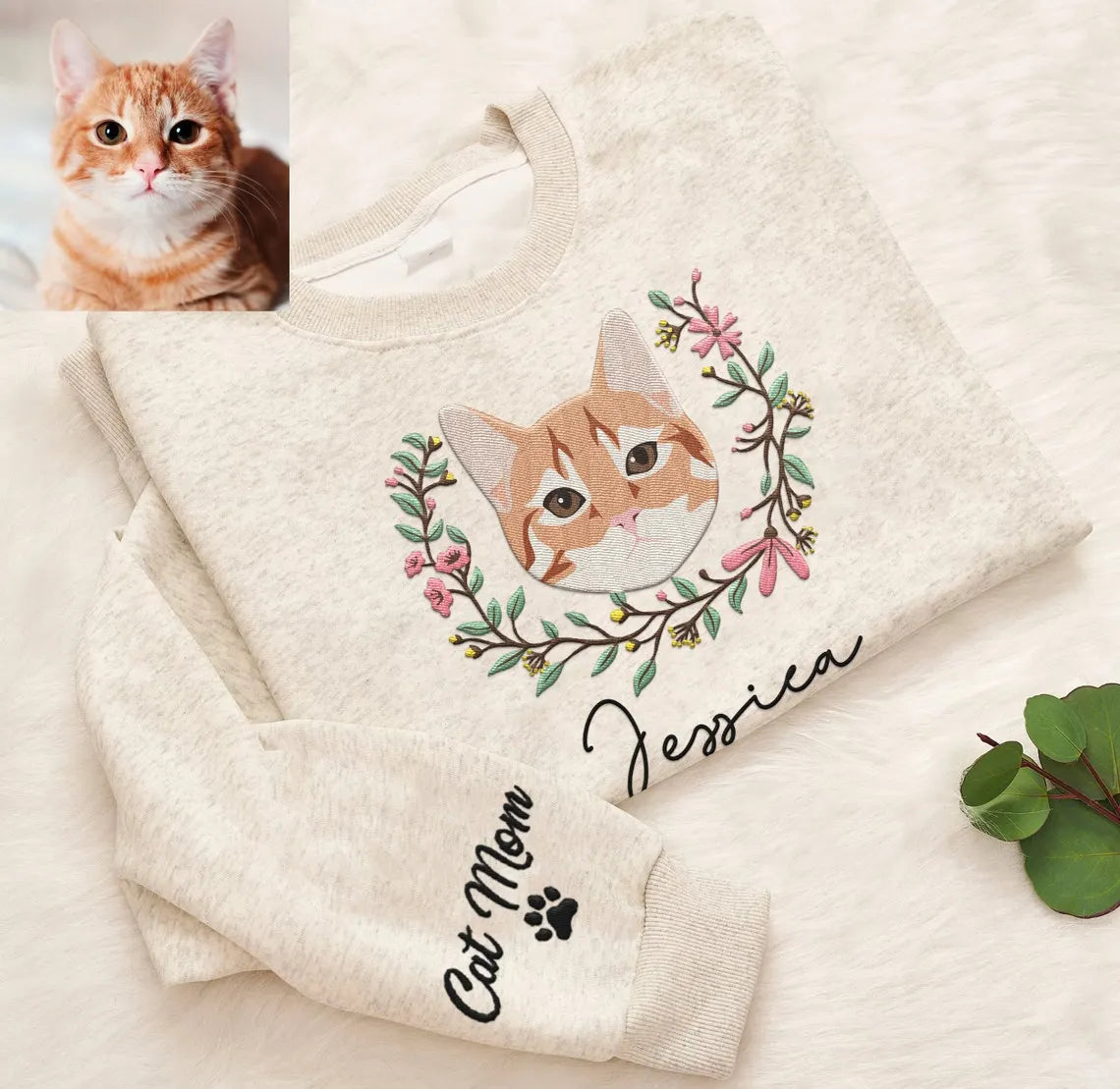 Custom Pet Portrait Embroidered Dog Mom Floral Sweatshirt Hoodie- Colorful Design