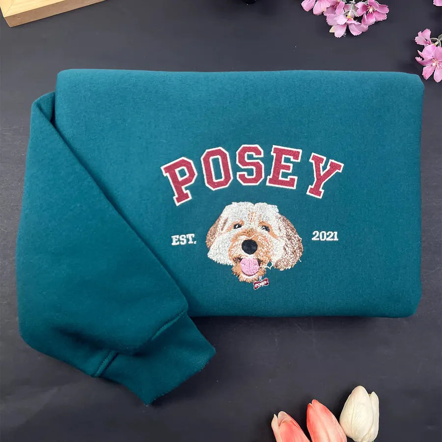 Custom Embroidered Pet Portrait Hoodie - Personalized Pet Sweatshirt with Name & Year- Varsity Colorful Design