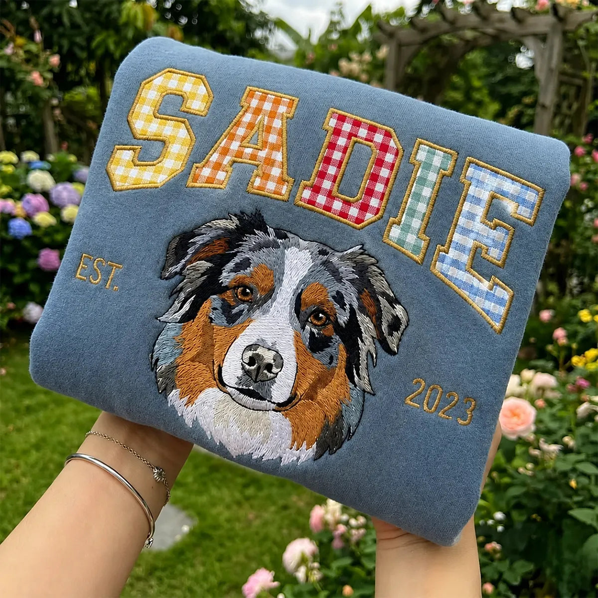 Custom Pet Portrait Embroidered Sweatshirt with Multi-Color Gingham Varsity Name