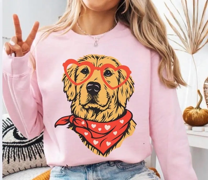 Valentine's Day Custom Pet Portrait Sweatshirt with Heart Glasses & Dog Bandana