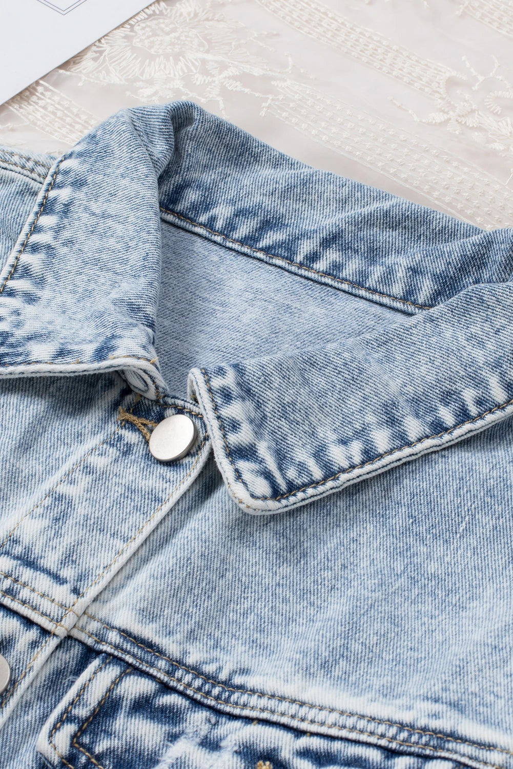 Custom Pet Portrait Embroidered Denim Jacket, Lapel Distressed Raw Hem Buttons Denim Jacket