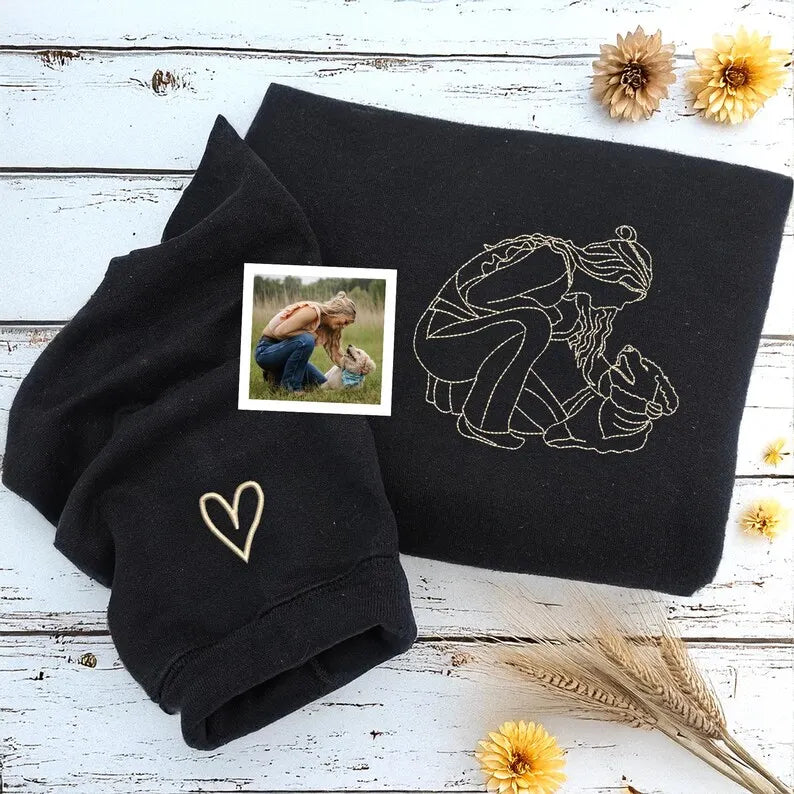 Custom Pet Owner and Pet Portrait Embroidered Sweatshirt -Stylish Outline Style