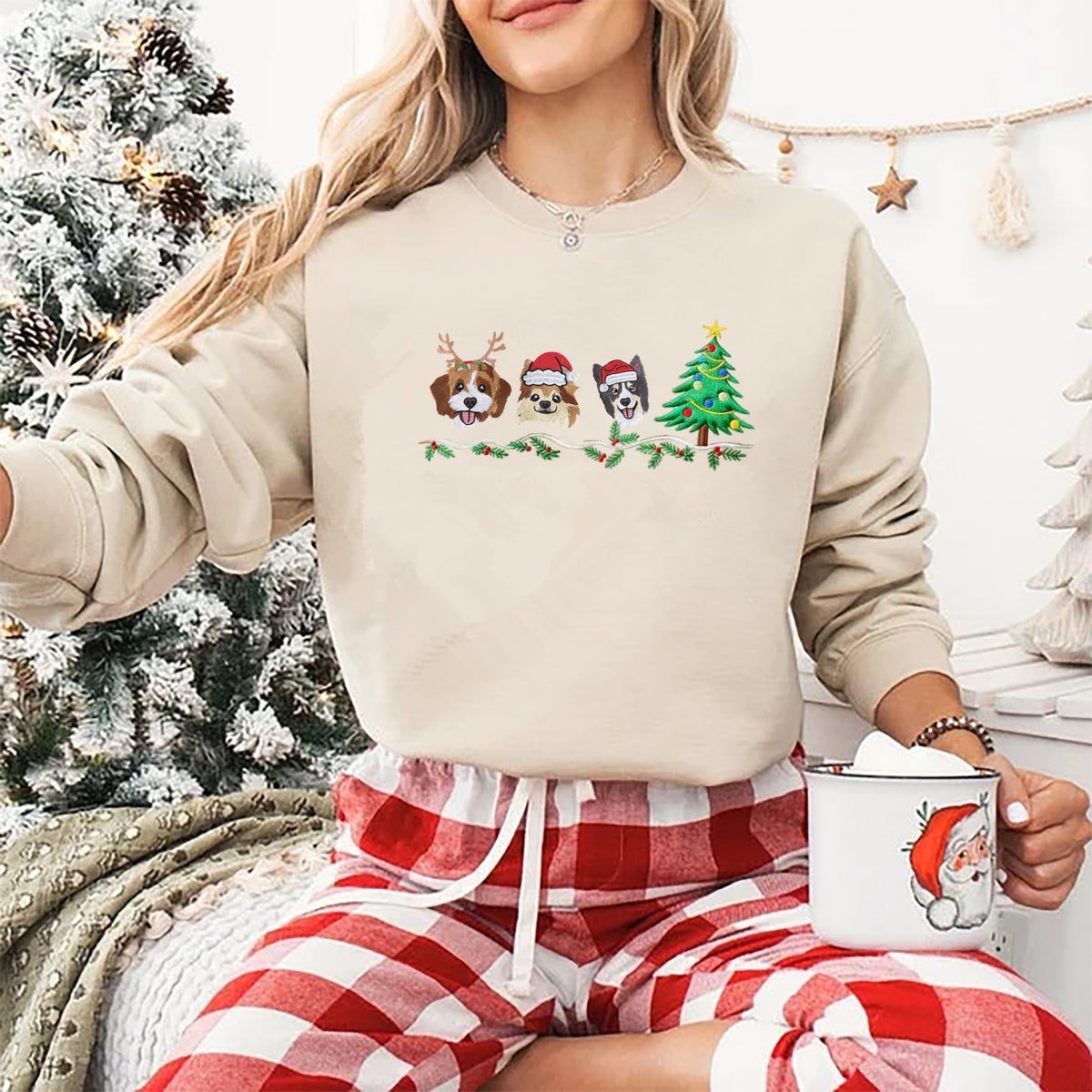 PetFiestas® Custom Dog Cat Face Embroidered Sweatshirt with Christmas Tree Embroidery, Holiday Crewneck- Colorful Design