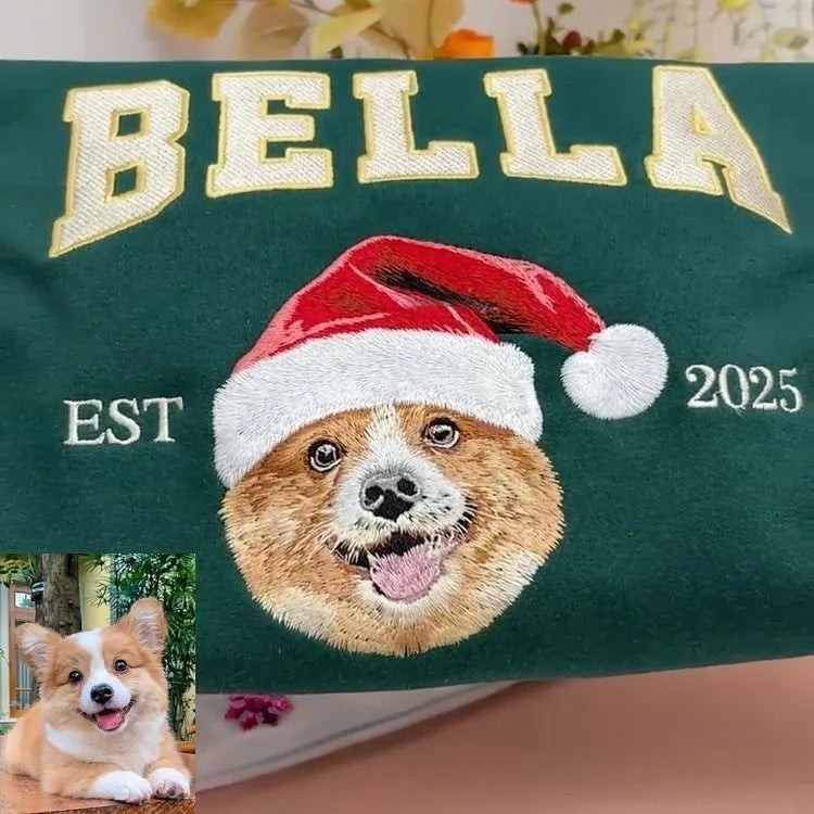 Custom Christmas Preppy Embroidered Pet Portrait T-shirt Sweatshirt Hoodie- Varsity Colorful Design