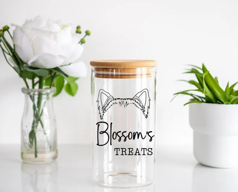 Personalized Pet Treats Container with Wooden Lid  – Custom Glass Jar with Pet Ears & Name