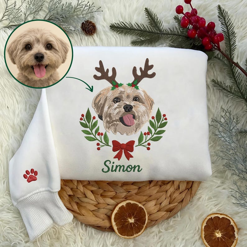 Custom Pet Embroidered Christmas Sweatshirt, Personalized Dog or Cat Portrait Crewneck- Colorful Design